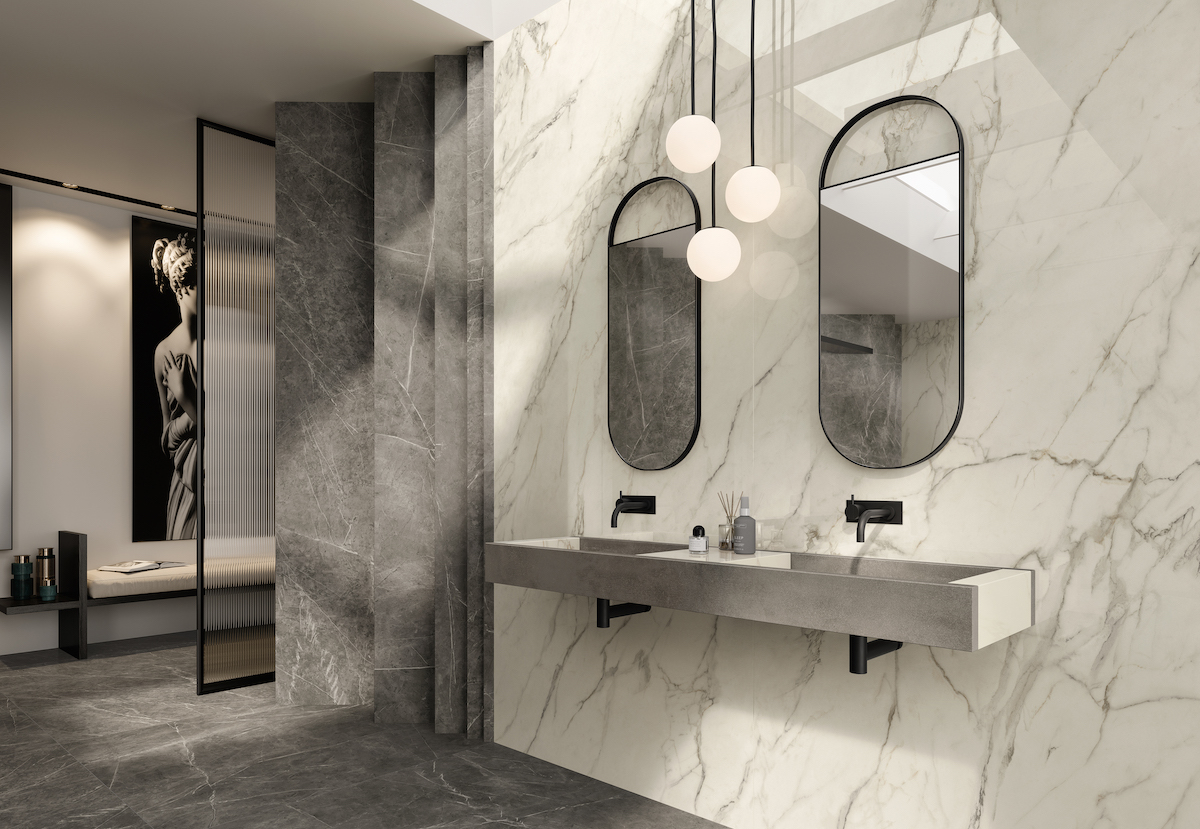 A marble-like bathroom with grey and white sink
