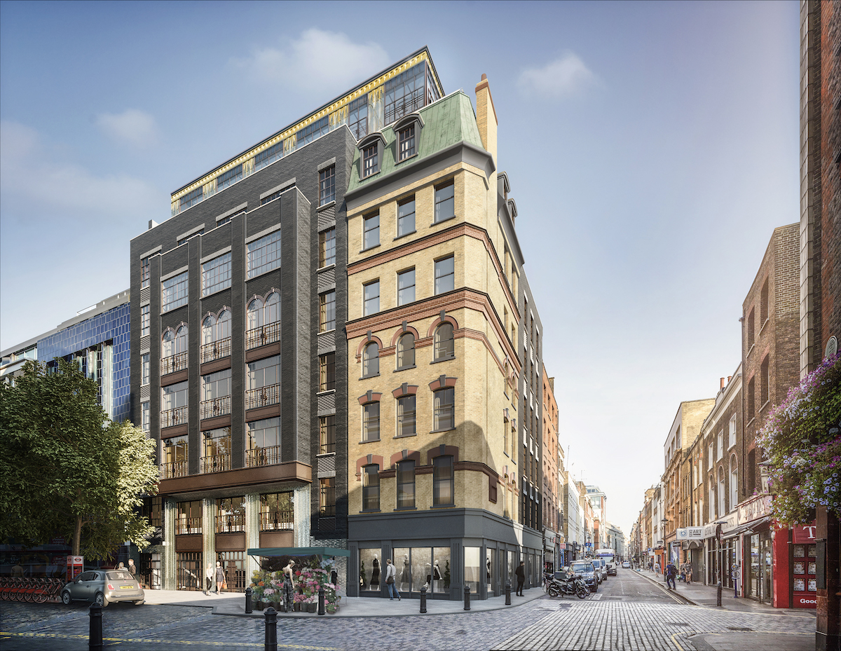 A render of a townhouse on Broadwick Street in Soho, London on the corner of a cobbled street