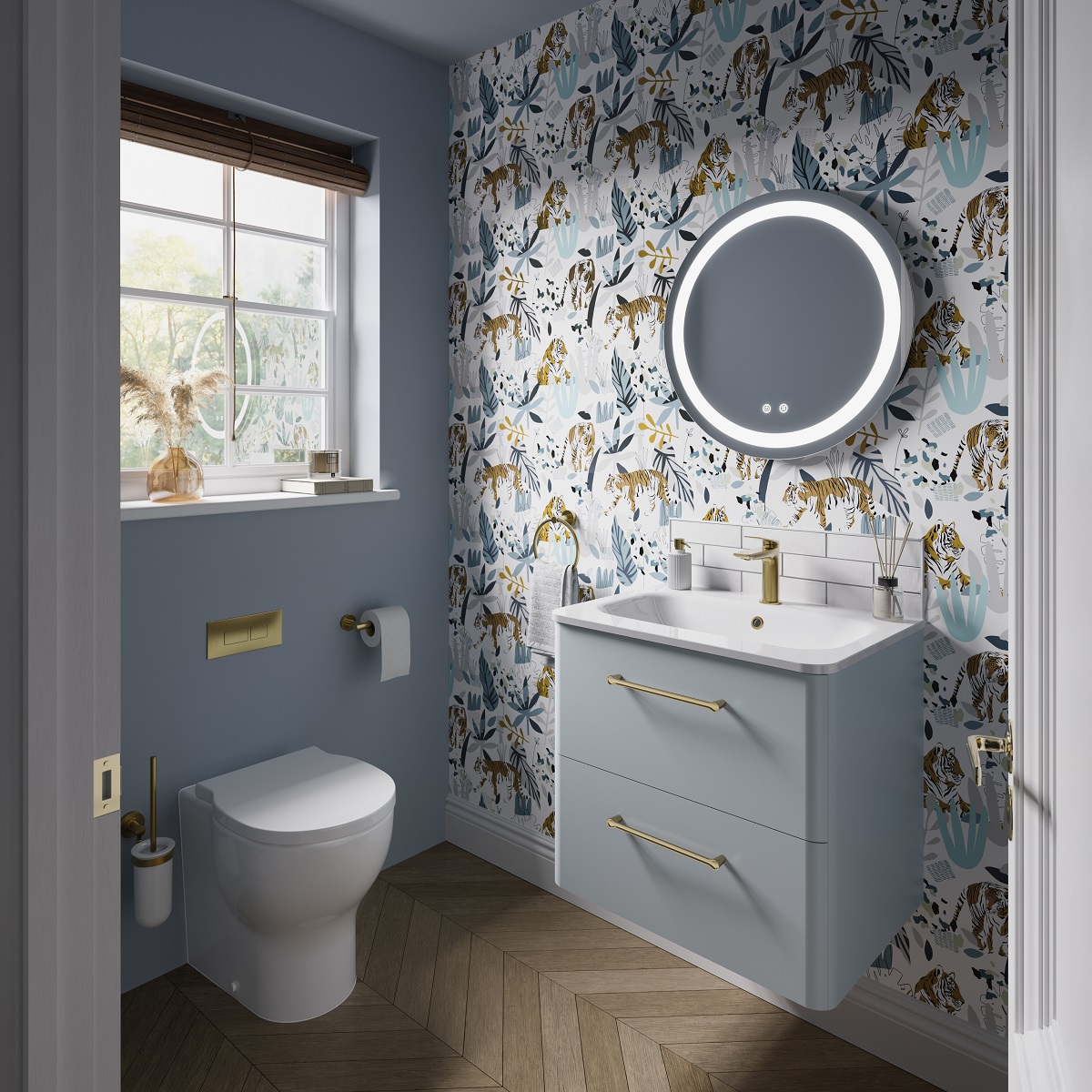dove grey and blue bathroom with fittings by Britton