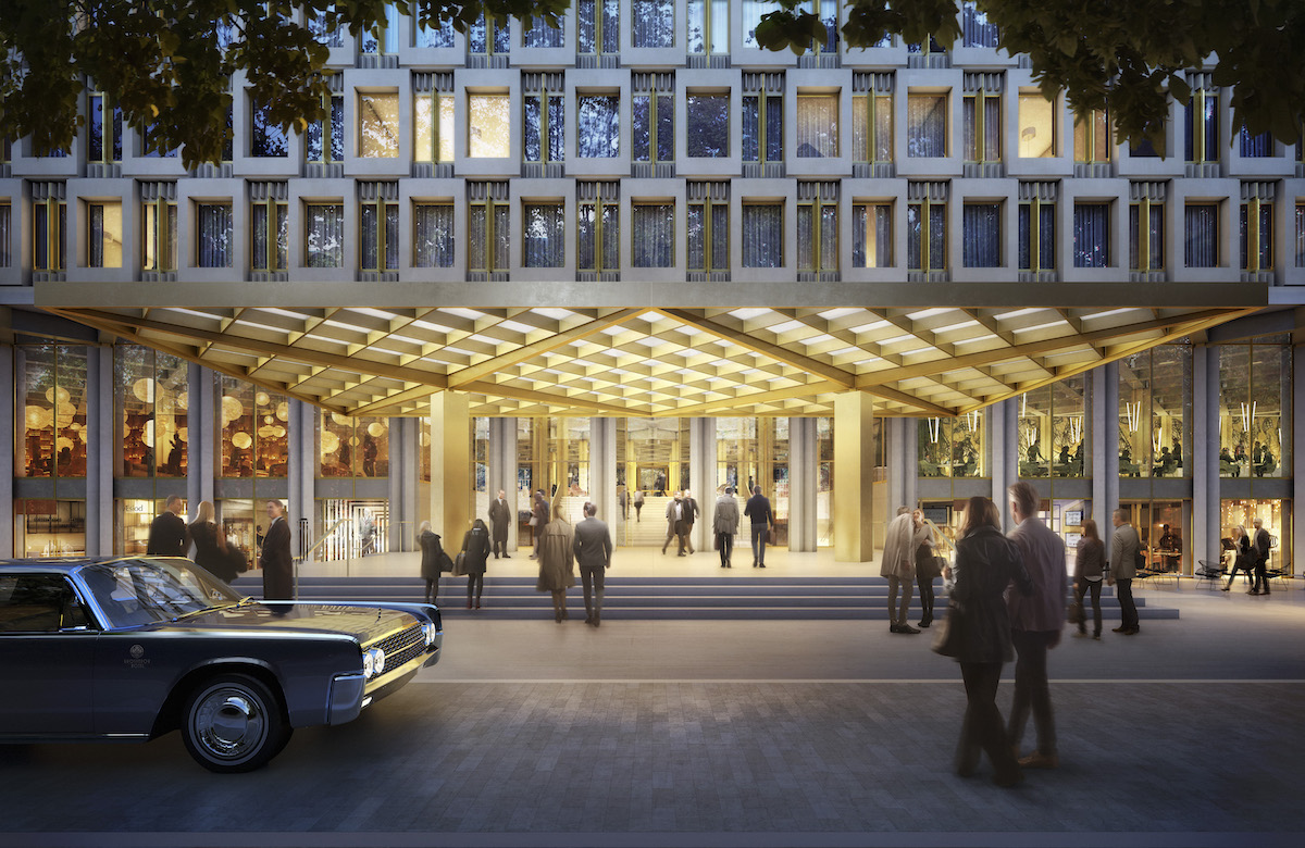 A render of a luxury entrance into a hotel, with yellow lighting and people walking across the road