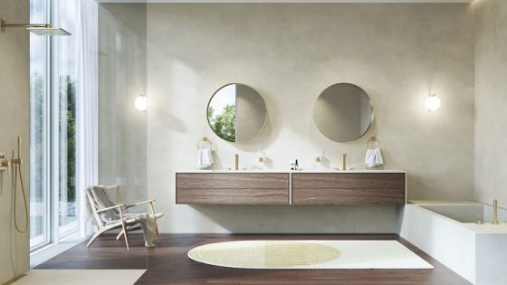 Contemprary bathroom design in cream and wood finishes with GROHE Allure brassware in Cool Sunrise