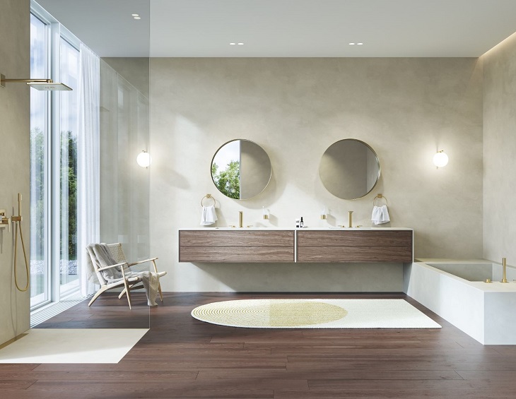 Contemprary bathroom design in cream and wood finishes with GROHE Allure brassware in Cool Sunrise