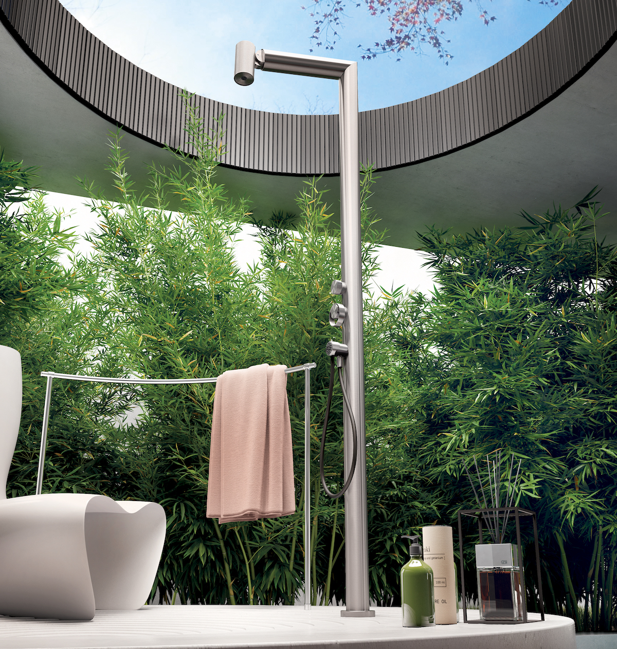 Gessi Outdoor Collection shower next to green trees