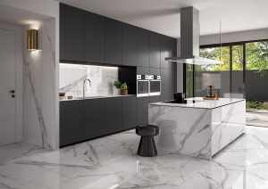 Monochromatic kitchen design using Versilia tile by RAK that looks like marble