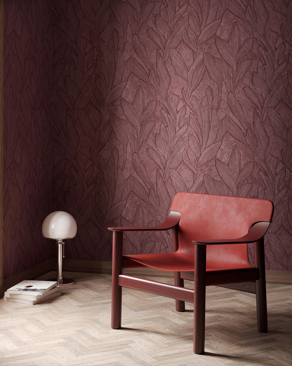 organic patterned wallcovering in terracotta red tones with leather chair