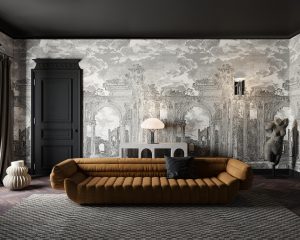 feature wall with etched mural of ancient rome by arte