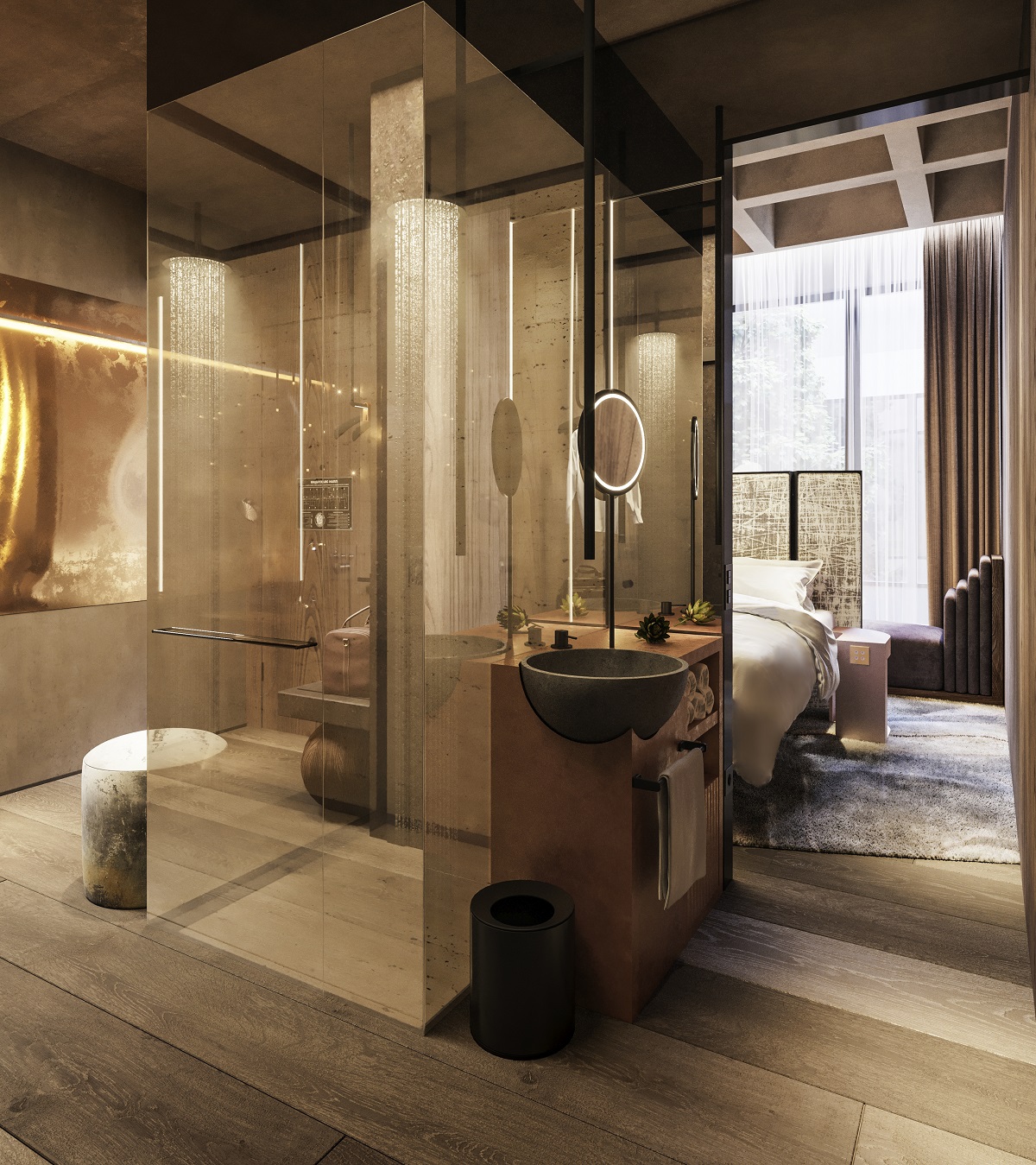 a glass enclosed bathroom pod in the centre of the guestroom at MGallery Plovdiv