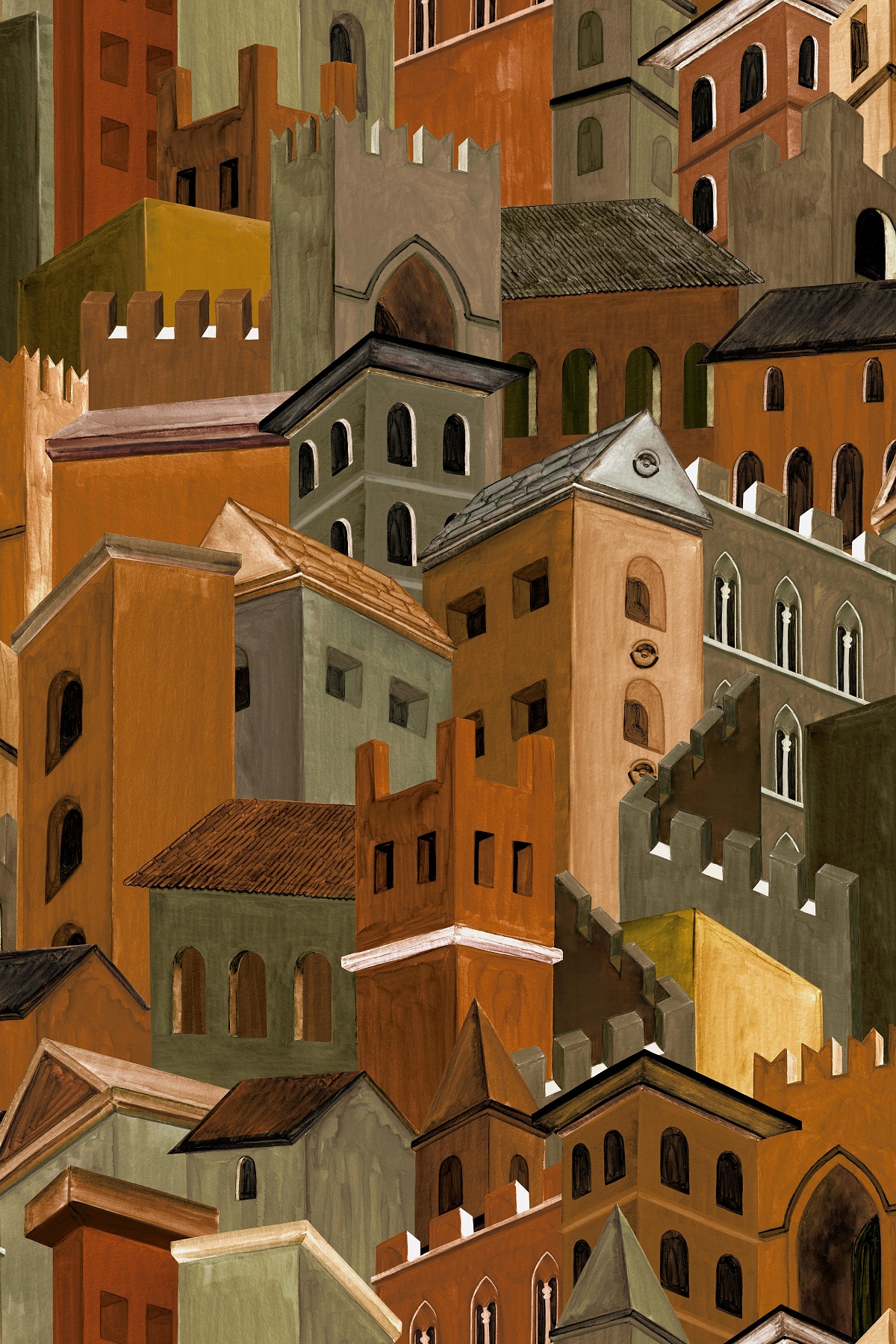 an Italian village in terracotta tones is the subject for the design in the cittadi Castello wallcovering