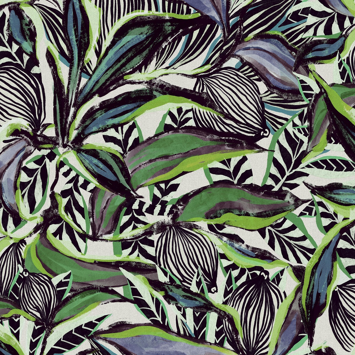 bold botanical print of Flor Imaginaria in green and purple tones