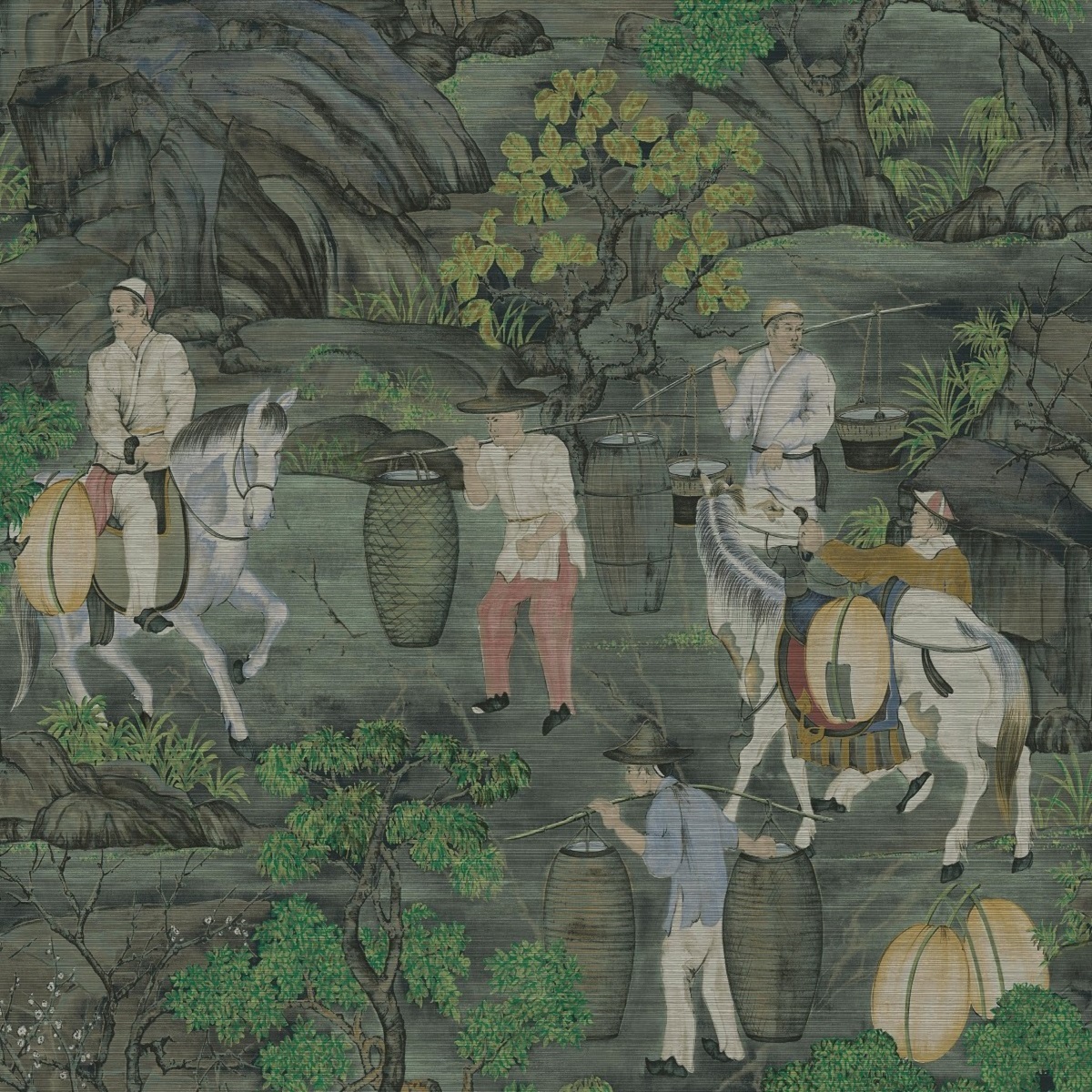 the wallcovering Toile de Tibet shows agricultural sces from the hillsides of Tibet