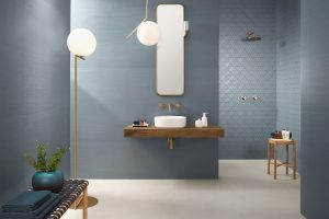textured and patterned tiles by atlas Concorde in a denim blue