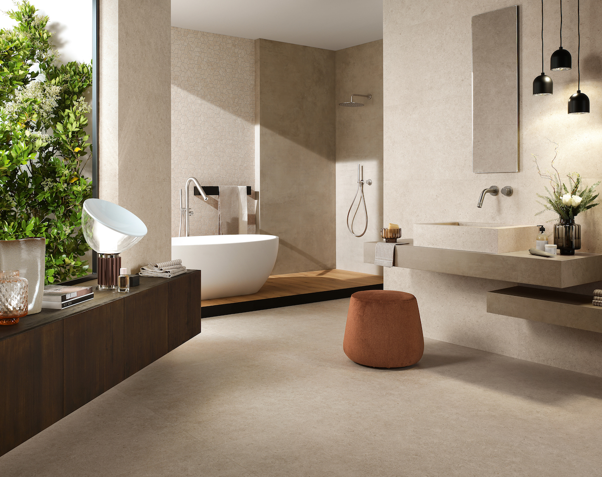 A modern, minimalist bathroom with Atlas Concorde surfaces