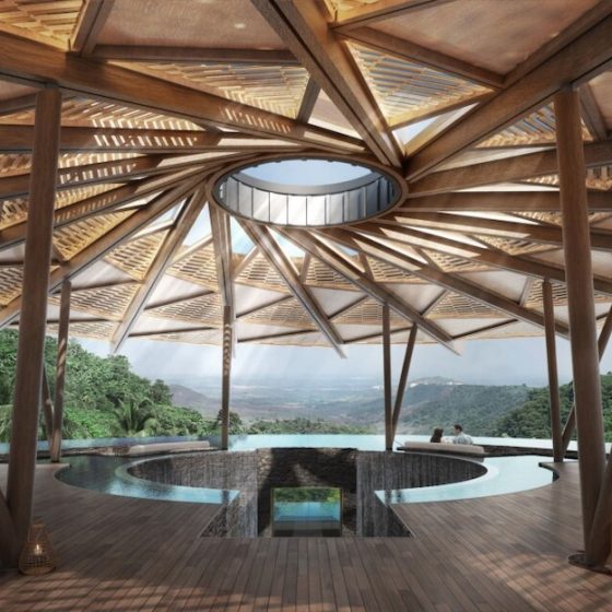 Render of wooden structure over modern hotel lobby