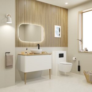 clean lines in wood and white in the bathroom