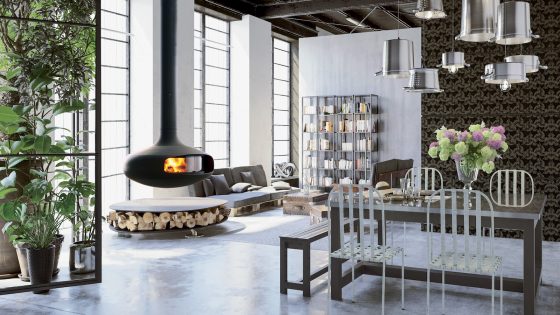 Home interior industrial style with fireplace