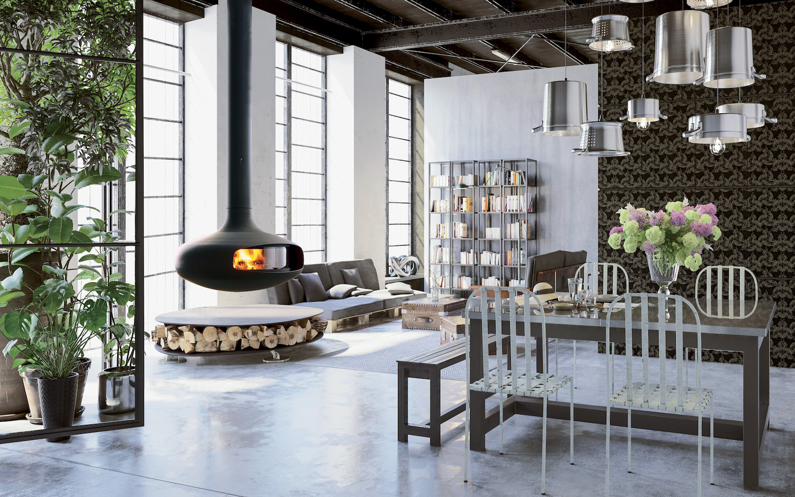 Home interior industrial style with fireplace