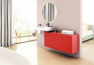 statement orange vanity in the bathroom with Linda basin by Ideal Standard