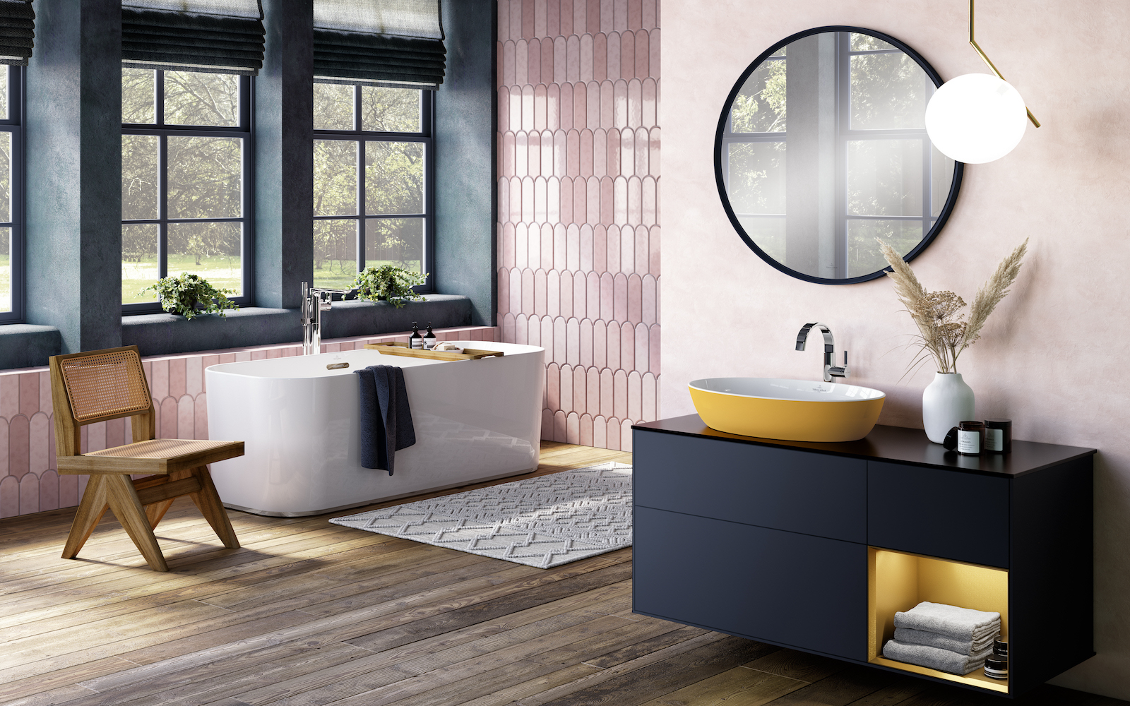 A modern bathroom featuring a pastel tone and Villeroy & Boch bathroom sinks