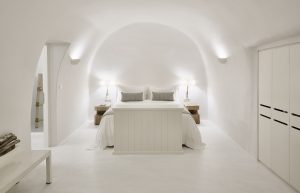 white on white interior in guestroom at Mystique Santorini
