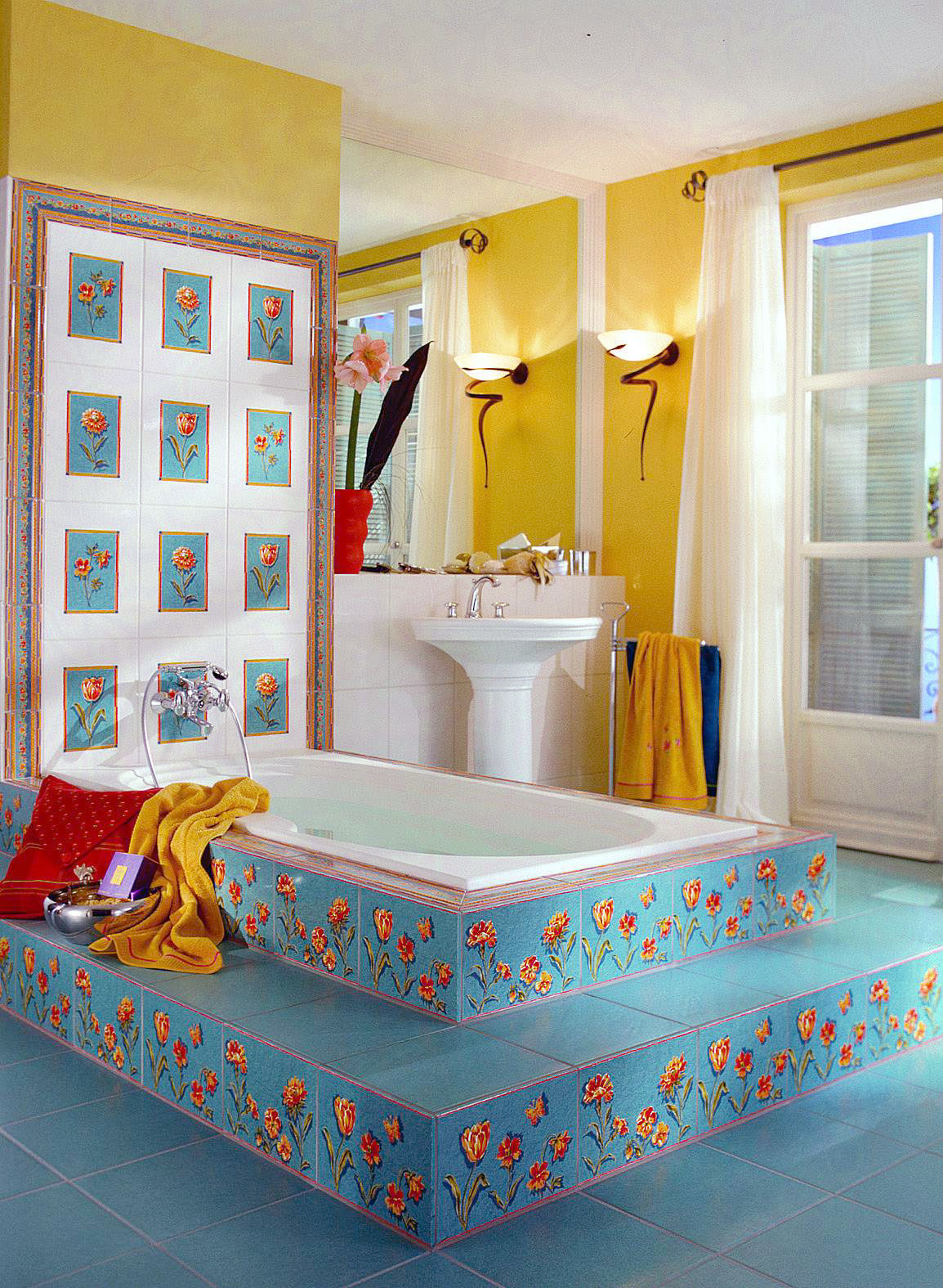 A colourful bathroom with blue yellow and red