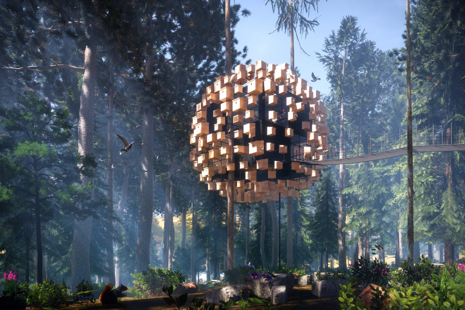 Biosphere Treehotel cabin with birdboxes by BIG architect studio