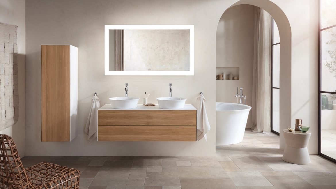 natural stone and white bathrom featuring the white tulip range by duravit