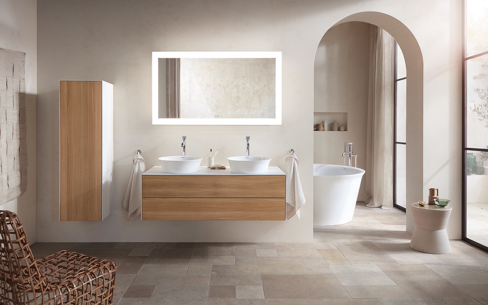 natural stone and white bathrom featuring the white tulip range by duravit