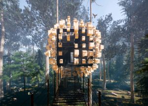 the suspended cabin covered in birdboxes is accessed via a suspended bridge