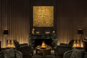 gold leaf and marble make a dramatic back drop to the Gold Bar at Tokyo EDITION hotel