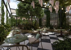 biophilic outdoor space at the brassserie at the Rosewood Vienna