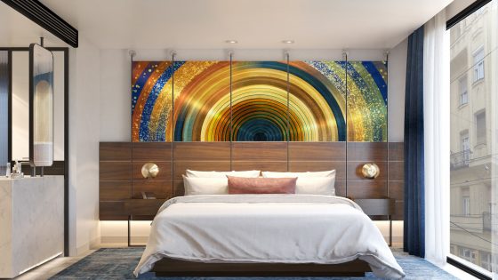 rainbow art work above the bed in Hard Rock Hotel Budapest