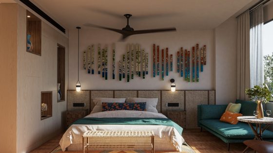 guestroom with ceiling fan and art in kimpton mallorca