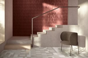 brick like tiles inspired by the Mediterranean on the floor and up the wall