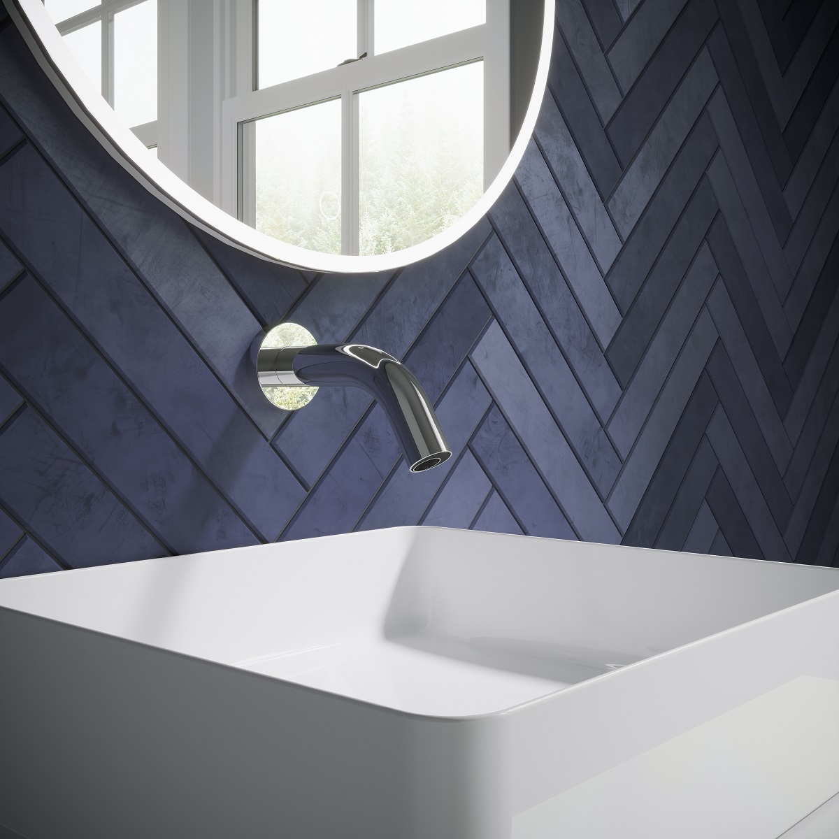 blue tiles and a chrome sensor tap by crosswater