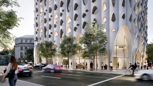 street view of Populus hotel in denver with design inspired by leaf shape