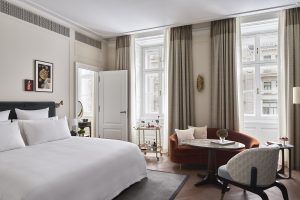 guestroom in the Rosewood Vienna with traditional architecture and contemporary design