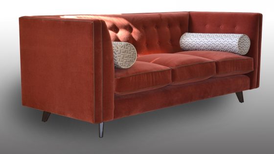 orange three seater sofa with square arms by O'Donnell Design