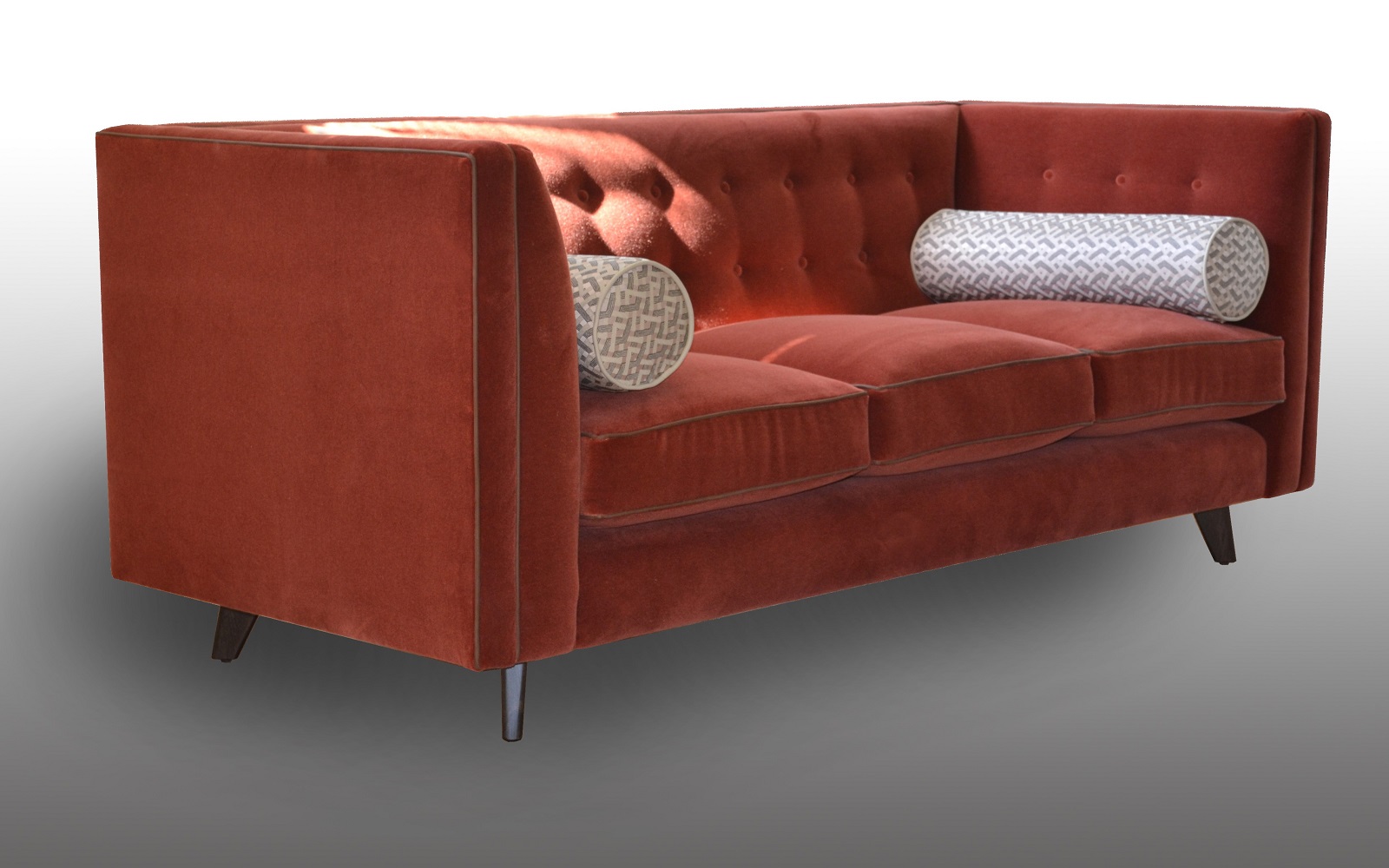 orange three seater sofa with square arms by O'Donnell Design