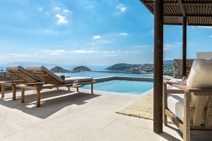wrap around terraces and big sea views from the private villas on Cali Mykonos