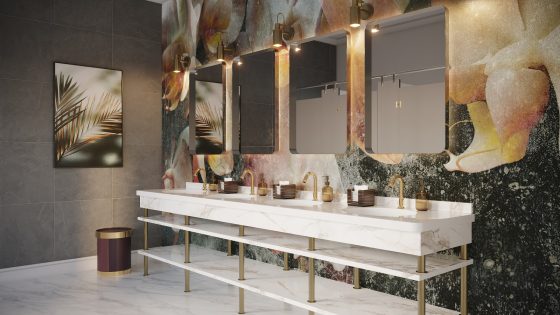 marble and brass in a statement hotel bathroom design by Crosswater