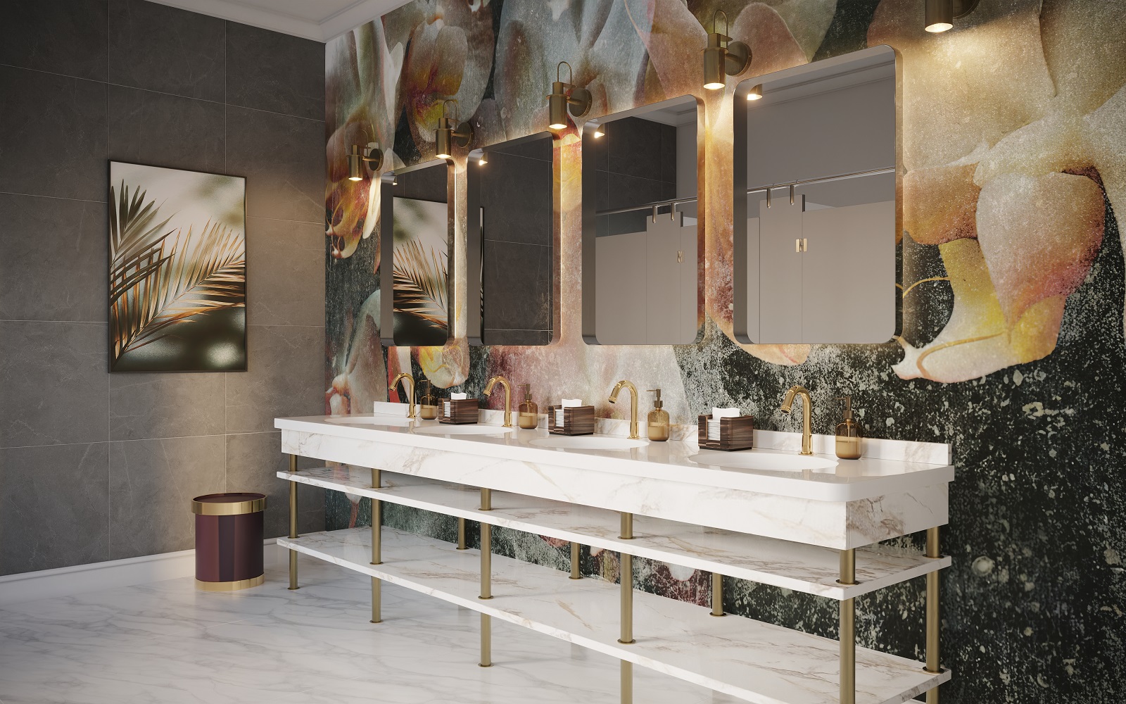 marble and brass in a statement hotel bathroom design by Crosswater