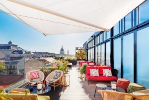 colourful design and furniture on the terrace with views over Budapest