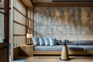 tea in the Japanese inspired design with wooden frames and paper screens at Roku Kyoto