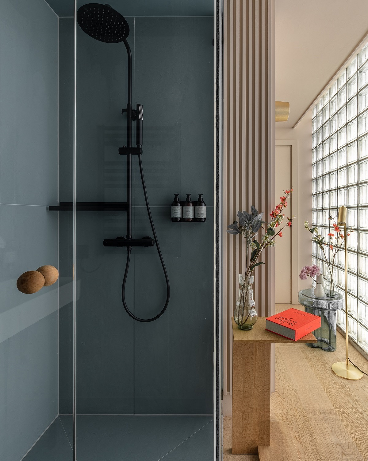 ensuite bathroom in gray with contemporary black fittings