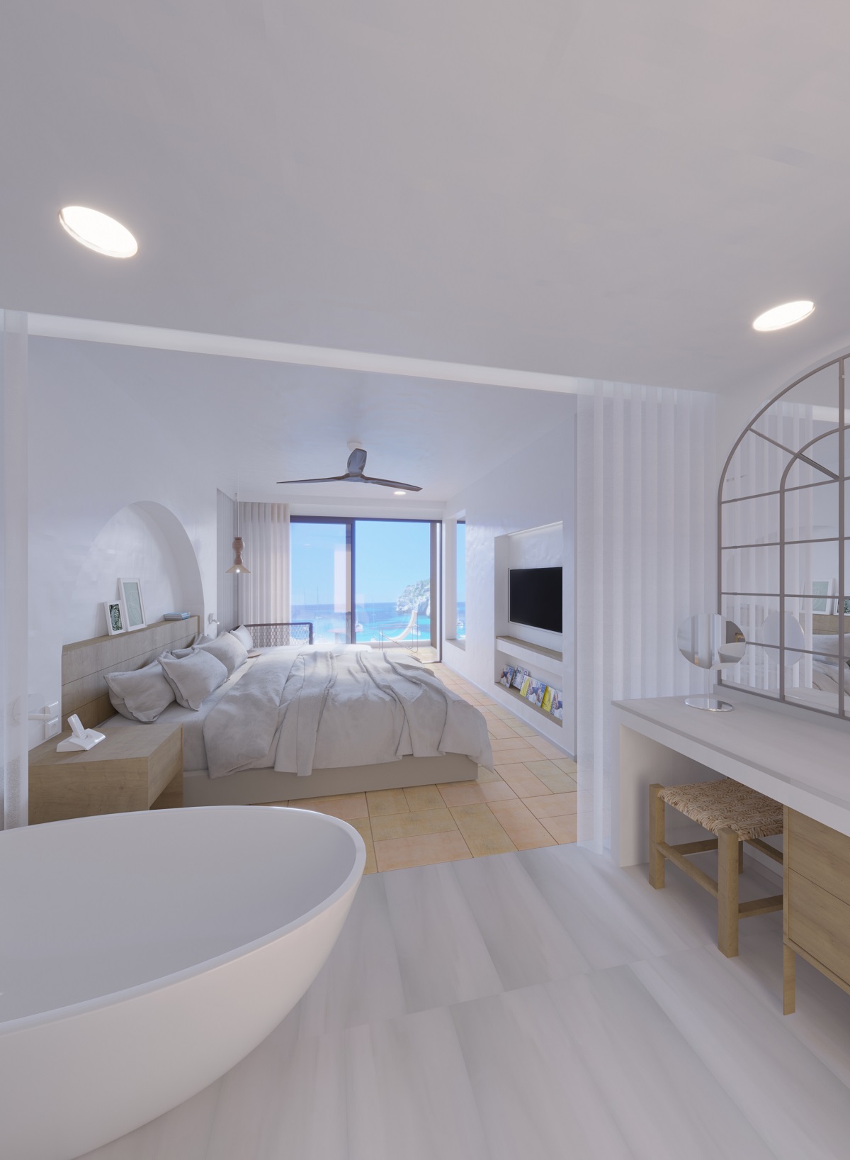 view from freestanding bath across guestroom to seaview in Villa Le Blanc Gran Melia Menorca