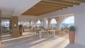 restaurant with panoramic seaviews decorated in white and natural wood surfaces