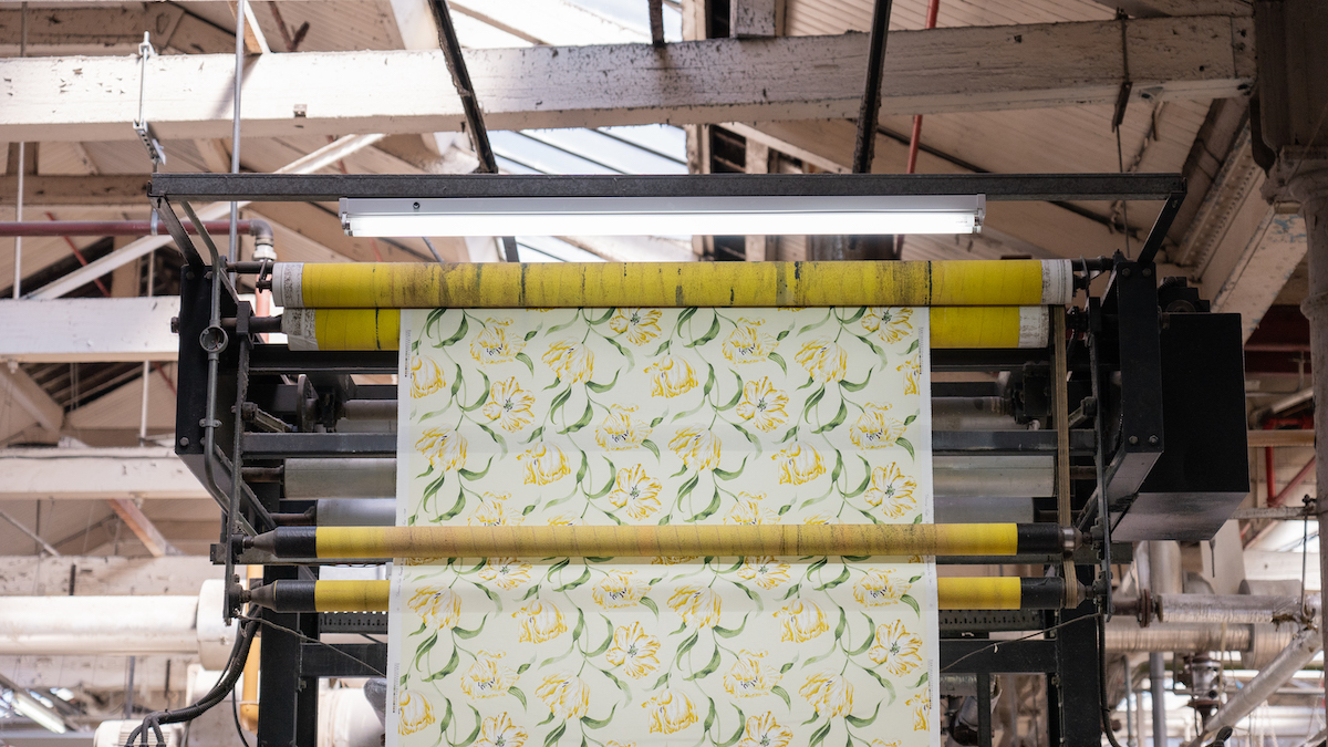 Yellow printed fabric in Standfast & Barracks dyehouse