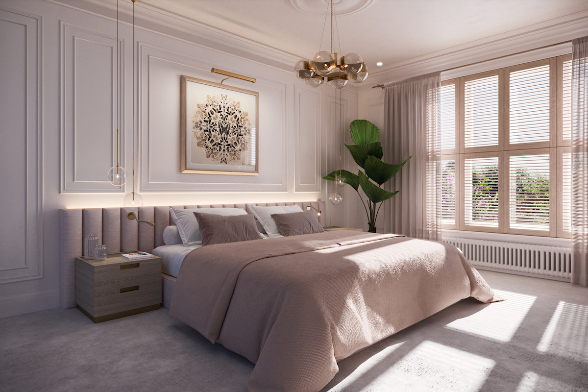 A render of a luxury bedroom, with soft pinks and calm tones