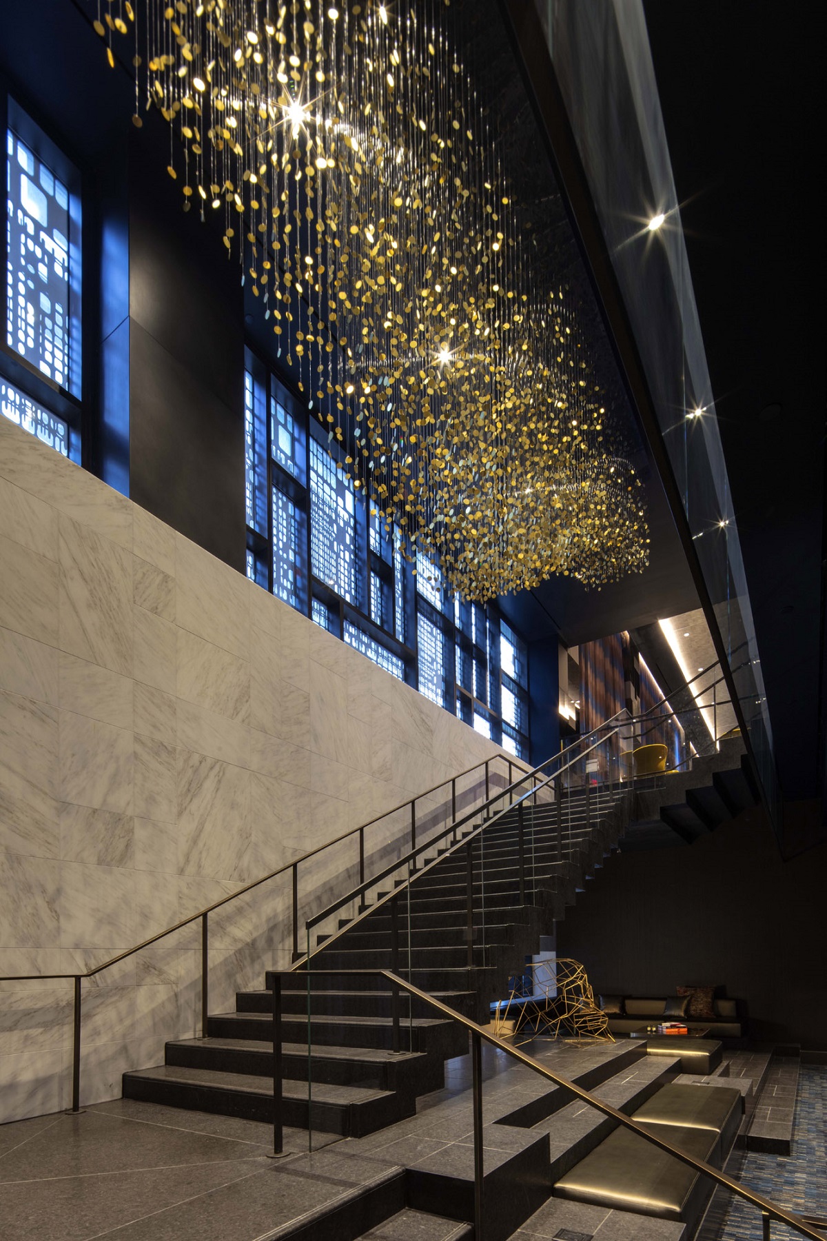 Dramatic golden lights in the public spaces of the W Philadelphia