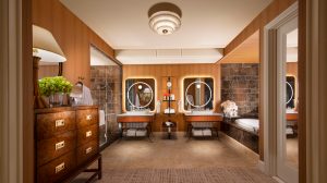 double bathroom in the Wynn Tower Suite Salon with bespoke wooden details